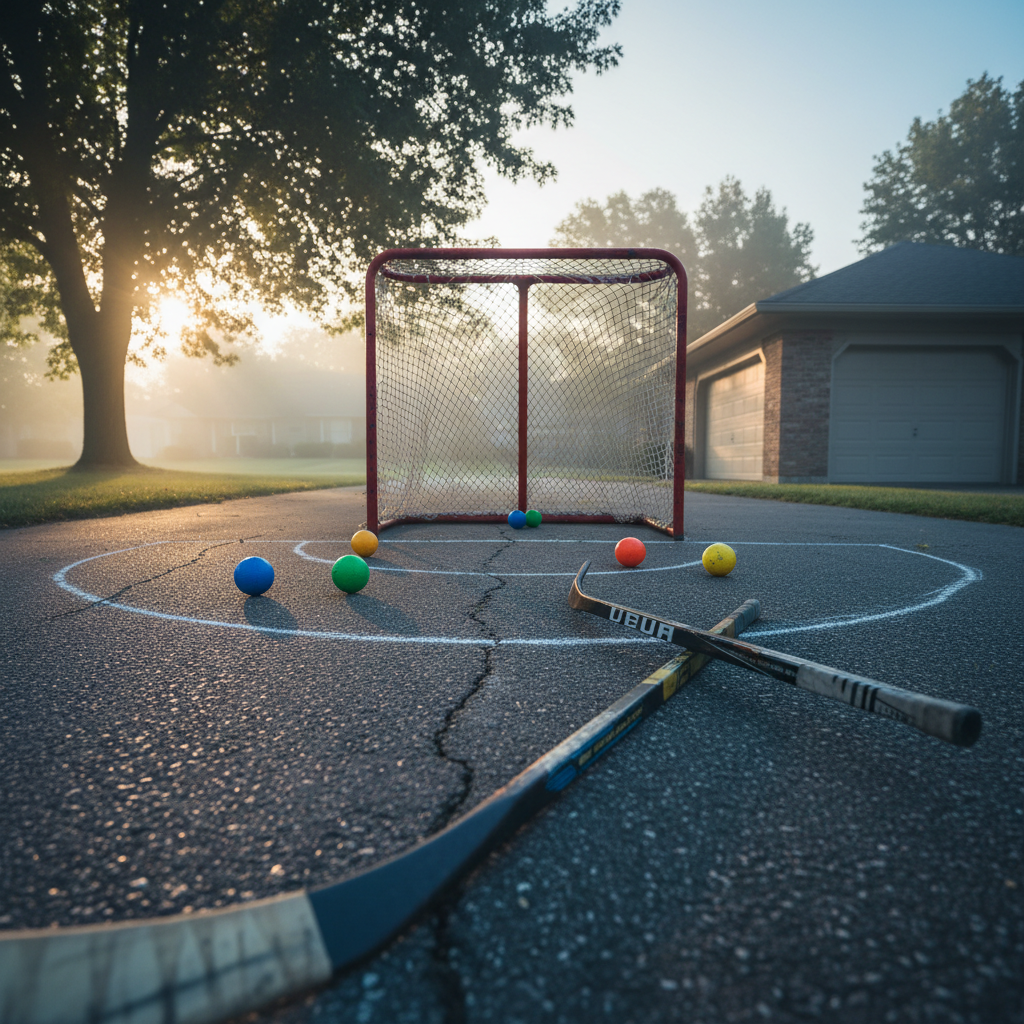 A quiet suburban driveway at dawn, featuring a makeshift street hockey net with red metal posts and a slightly frayed white mesh, positioned in front of a chalked goal crease. Several brightly colored plastic balls and a couple of scuffed composite sticks lie scattered on the cracked pavement, with faint stick marks etched into the surface. Soft, cool morning light spreads evenly, with long, gentle shadows from a nearby garage and trees. Photographic realism, shot from a low angle behind one of the sticks, leading the viewer’s eye toward the empty net. The atmosphere is nostalgic and inviting, capturing everyday backyard hockey play before the neighborhood wakes up.