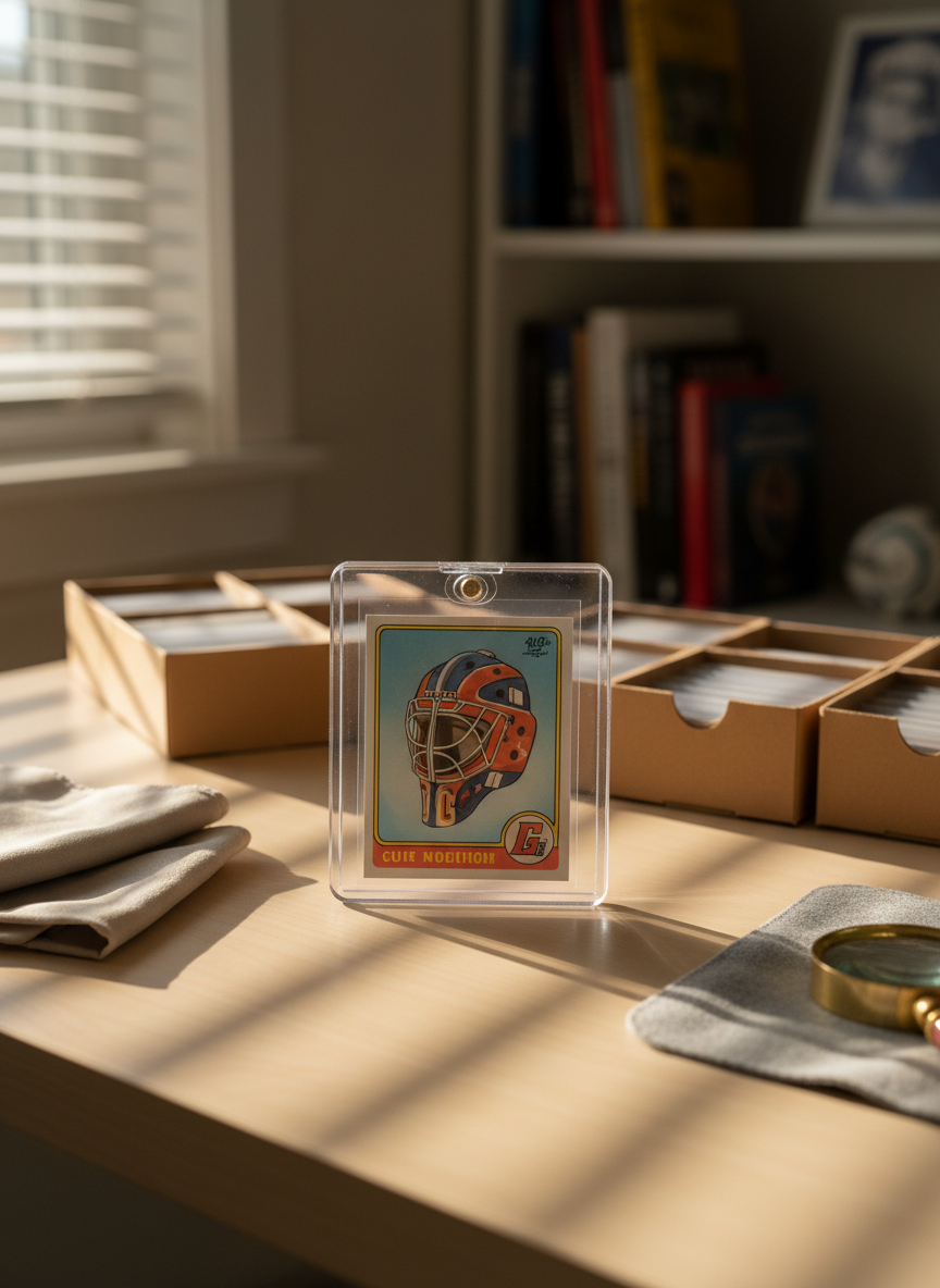 A close-up of a clear acrylic display case on a tidy wooden desk, featuring a single vintage hockey trading card in mint condition. The card shows a classic goaltender mask design and bold retro team colors, while the protective plastic edges catch the light with a subtle sheen. Around the case are neatly stacked card boxes, soft cloths, and a small magnifying glass. Warm afternoon window light drifts in from the side, creating gentle shadows and a relaxed, nostalgic atmosphere. Photographic realism, shot from a slightly elevated angle with crisp focus on the card and a softly blurred background, evoking quiet, everyday moments of hockey card collecting.