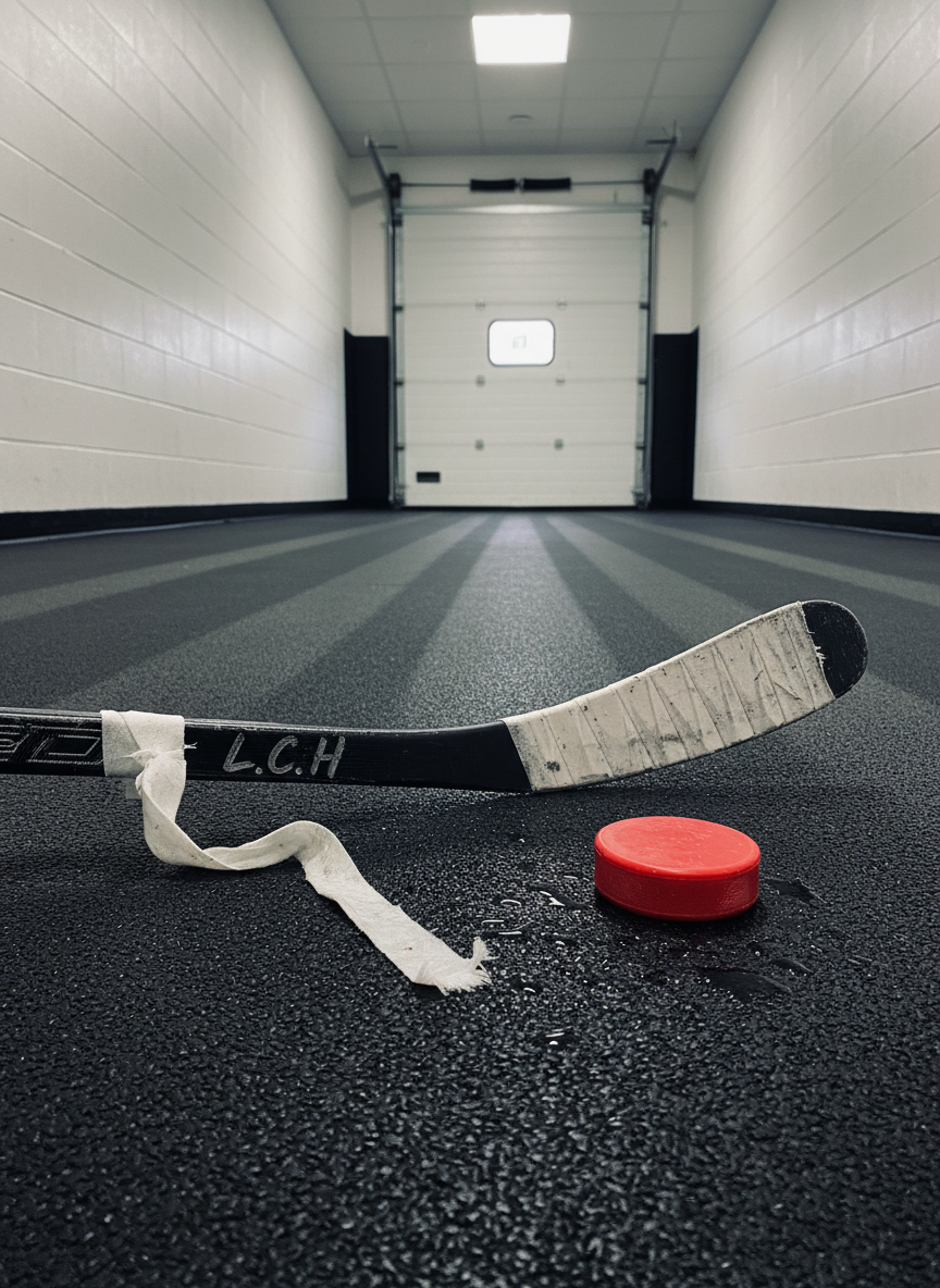 A well-worn youth hockey stick and bright red practice puck lying on the rubberized flooring of a quiet arena tunnel, just outside the rink door. The composite stick shows tape fraying on the blade and initials written in silver marker along the shaft. Drops of melted ice water form small reflective pools around the puck. Overhead fluorescent lights cast cool, even illumination, with long shadows stretching toward the closed rink door. Photographic realism, framed at a low angle with the stick leading the viewer’s eye into the scene, capturing the gritty, everyday world of minor hockey preparation without any people present.