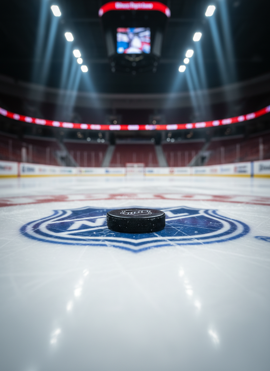 A meticulously detailed NHL game puck resting on freshly resurfaced ice at center rink, its black vulcanized rubber surface showing subtle scuffs and tiny flecks of snow. The crisp white center-ice logo spreads out beneath it, slightly blurred. Overhead arena lights cast bright, even illumination, creating sharp reflections and a faint halo around the puck. The mood is anticipatory and electric, as if seconds before opening faceoff. Photographic realism, shot at ice level with a shallow depth of field so the boards, glass, and goal crease in the distance dissolve into soft bokeh, emphasizing the puck as the heart of everyday professional hockey action.