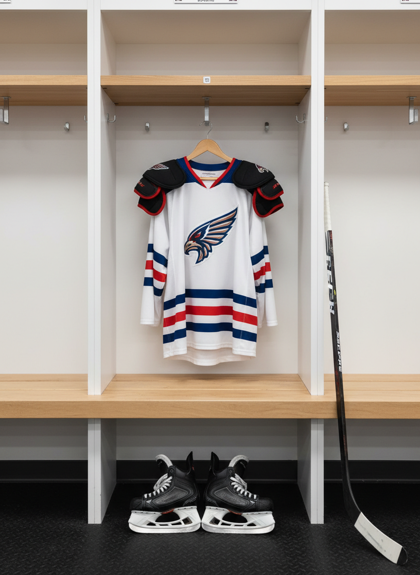 A clean, white college hockey locker stall focused entirely on equipment: neatly hung jersey, shoulder pads on a wooden hanger, freshly sharpened skates placed side by side on a rubber mat, and a taped stick leaning upright against the bench. Team colors appear subtly in stripes and logos on the gear. Overhead locker room lights create soft, diffused brightness with gentle shadows under the bench. Photographic realism, composed at eye level with a centered, slightly wide frame, keeping all equipment in sharp focus. The mood is disciplined and aspirational, reflecting the structured everyday routine of college hockey without showing any players.